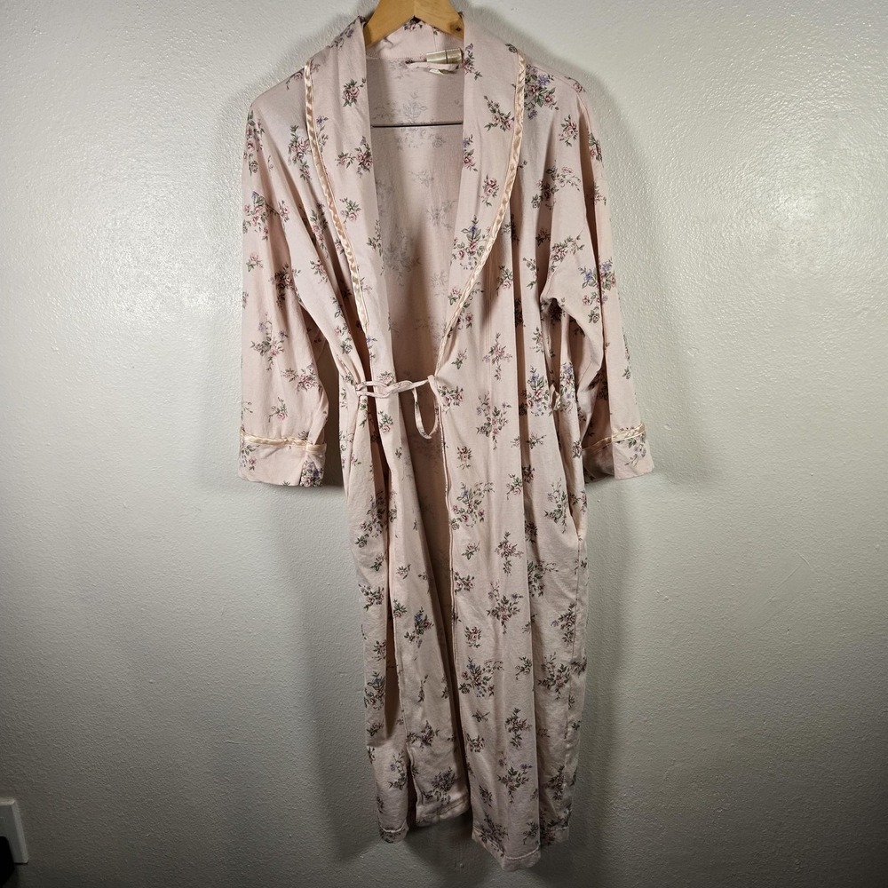 Victoria's Secret Robe Womens Medium Pink Floral 100%Cotton Kimono Belted Lounge